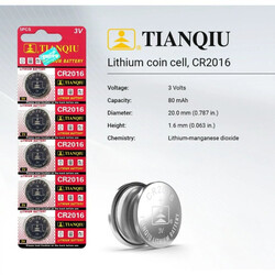 Tianqiu CR2016 Lithium 3V Batteries - 5 Pieces