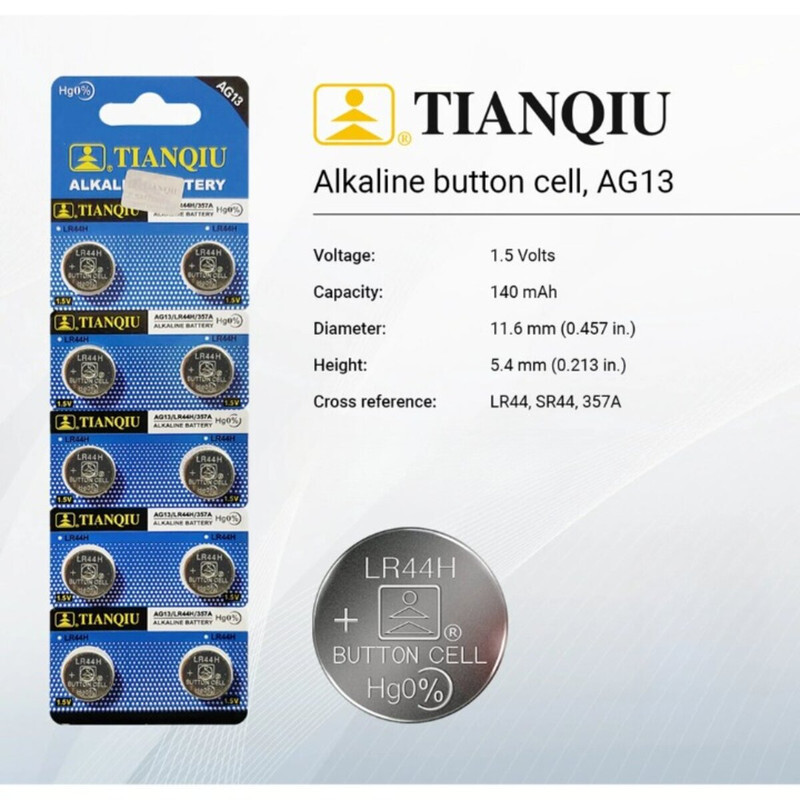 Tianqiu AG13/ LR44H/ 357A Hg0% 1.5V Alkaline Batteries - 20 Pieces