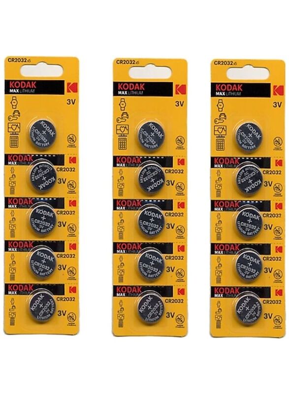 Kodak Max Lithium 3V Batteries Set, 15 Pieces, CR2032, Silver