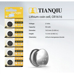 Tianqiu CR1616 Lithium 3V Batteries - 100 Pieces