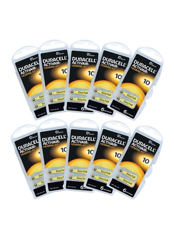 

Duracell Activair Size 10 Hearing Aid 1.45V Zinc Air 0% Mercury Batteries, 60 Pieces, Multicolour
