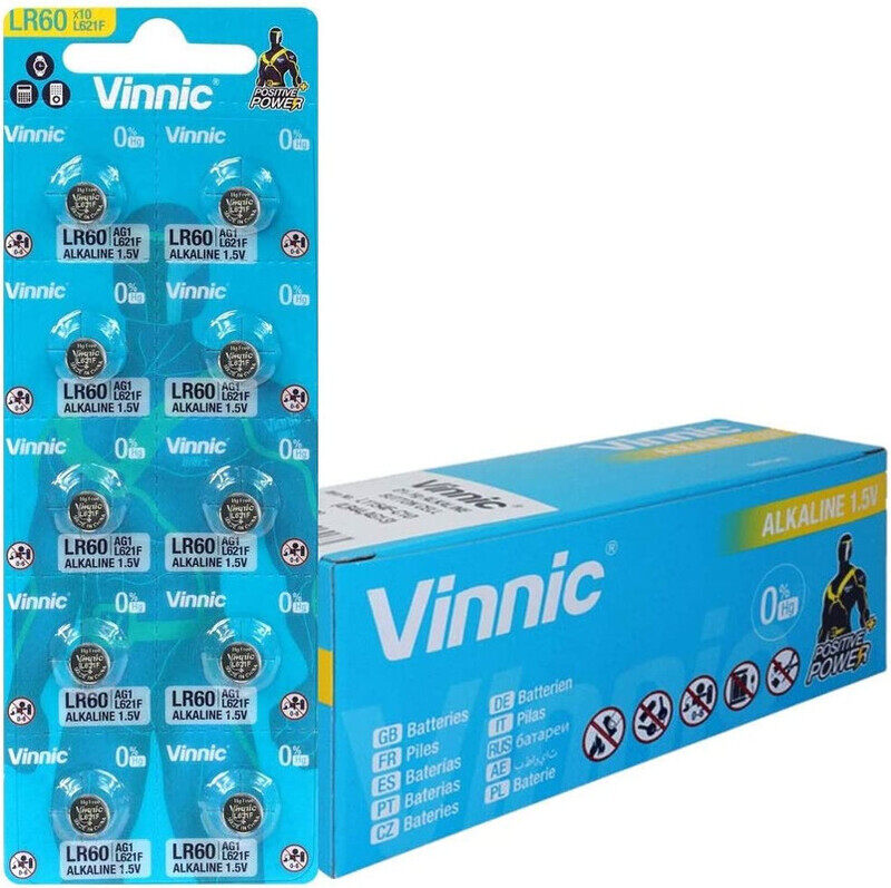 

Vinnic AG1 LR60, (L621F) 0% Hg Alkaline Button Cell 1.5V Batteries - 100 Piece