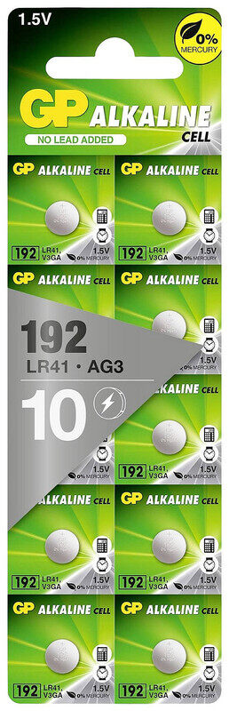 

GP 10-Pieces (192) LR41 AG3 Alkaline Cell 0% Mercury 1.5V Batteries