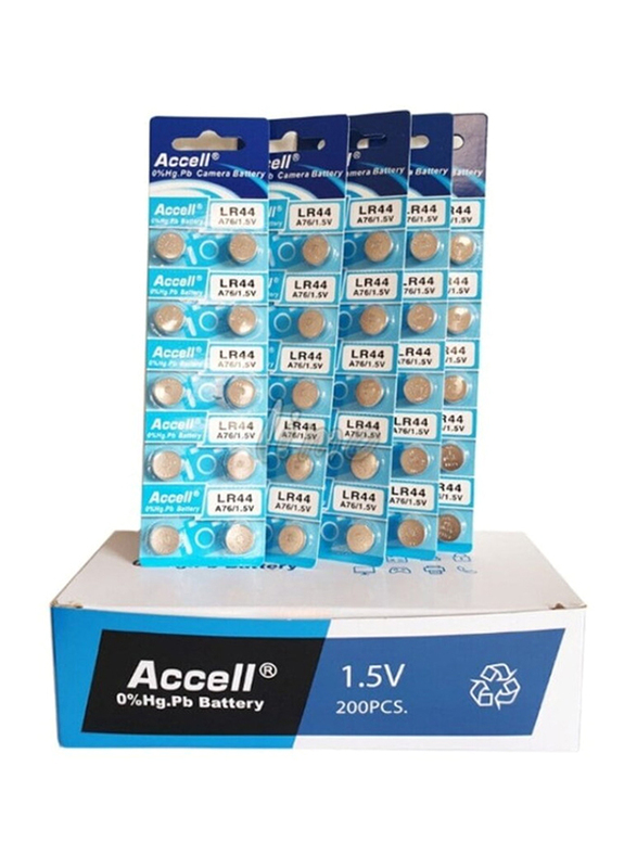Accell AG13 LR44 A76 1.5V Alkaline Batteries, 200 Pieces, Silver