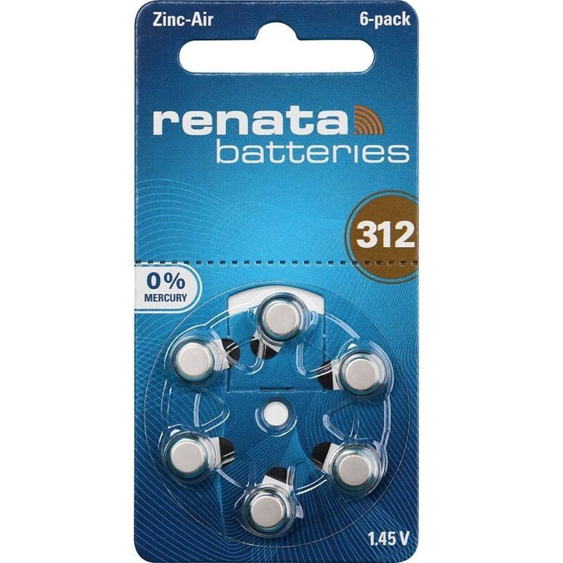 Renata (Size 312) Zinc-Air 1.45V Hearing Aid Batteries - 6 Pieces