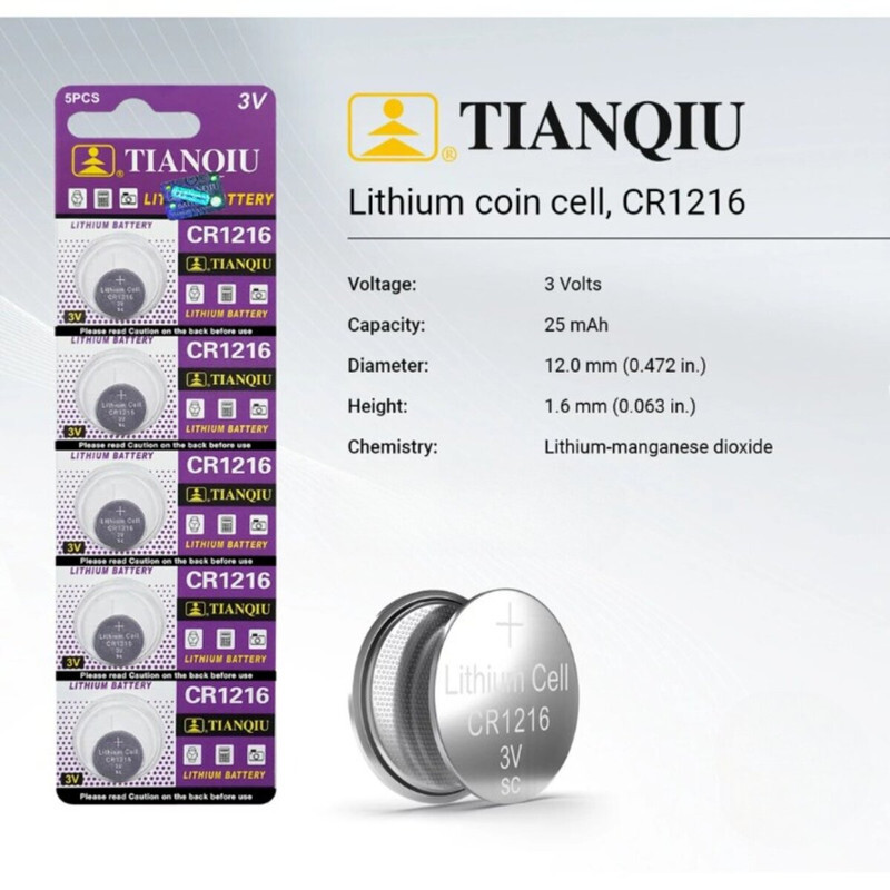 Tianqiu CR1216 Lithium 3V Batteries - 50 Pieces