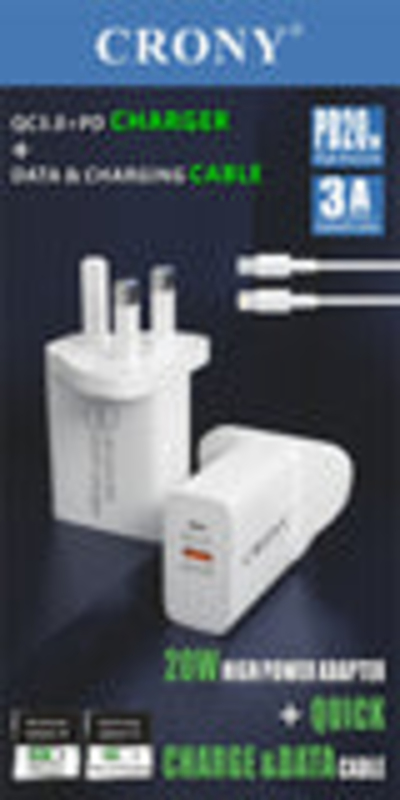 Crony CR-003 PD20W + QC 3.0 Wall Charger with 3A Charging Data Cable, White