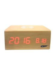 Crony CN1299 Wooden Digital LED Clock with Wireless Moblie Charging Bluetooth Speaker, Brown