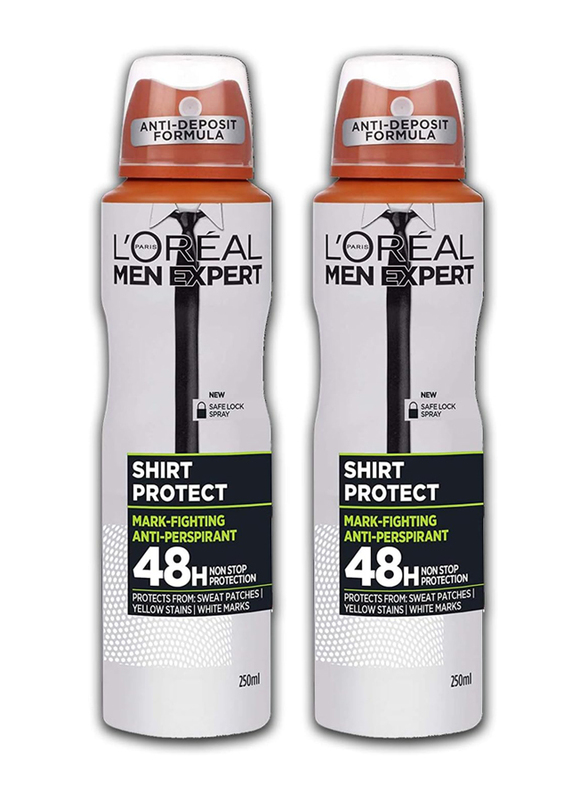 L'Oreal Paris Expert Shirt Protection Refreshing Anti-Perspirant Body Spray, 2 x 250ml, Multicolour