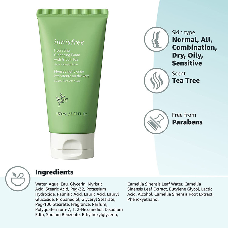 Innisfree Green Tea Hydrating Cleansing Foam Creamy Face Cleanser, 150ml