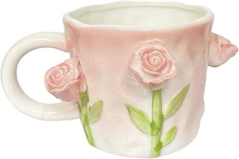 

Bluezy Coffee Mug With Creative Pink Cub Relief Tulip Flower Ceramic Coffee Cup Girl Gift Flower Mug Office Teacup Breakfast Milk Mug Home Decoration