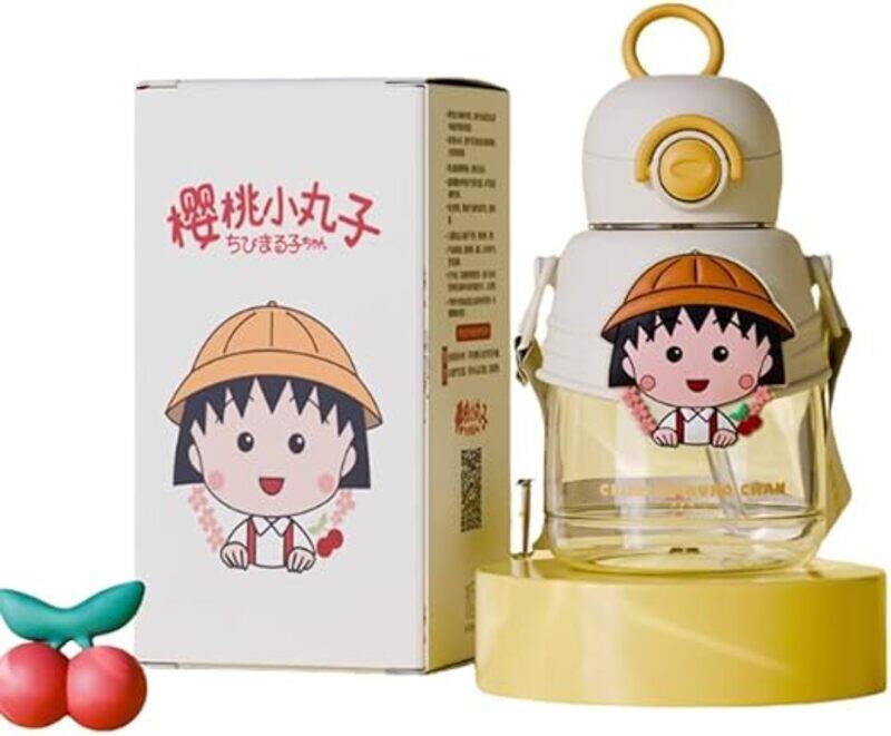

generic Chibi Maruko-Chan Glass Water Bottle with Protective Case, Cartoon Design, Yellow Handle