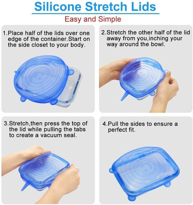 Silicone Stretch Container Lids, 6-Piece, Blue/Clear