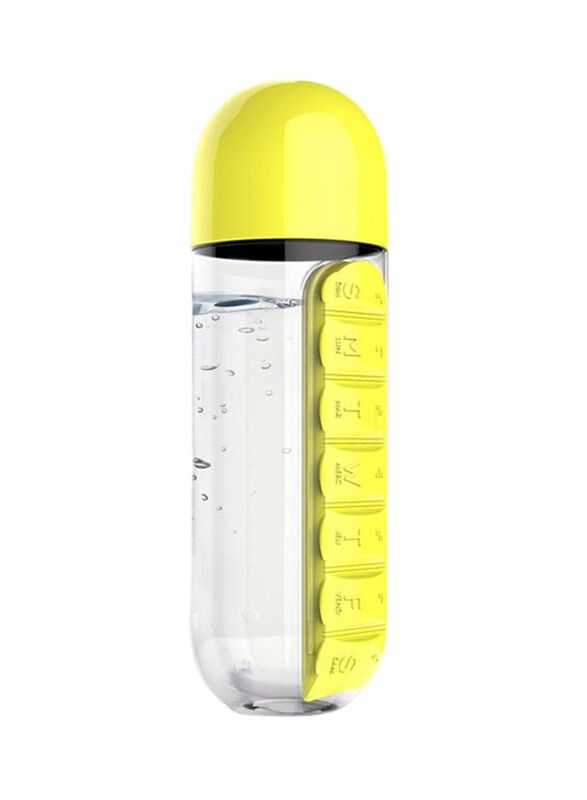 Goldedge 15cm Water Bottle with Built-In Daily Pill Box Organizer, Yellow