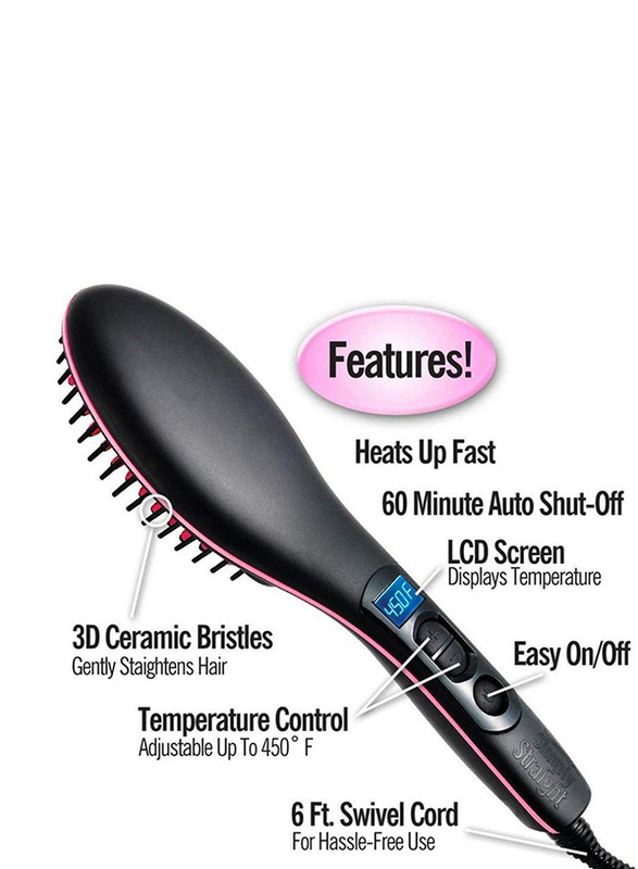 Simply Straight Ceramic Hair Straightening Brush, Black/Pink