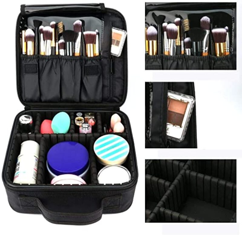 Makeup Travel Bag, Portable Travel Cosmetic Organizer Bag with Adjustable Dividers for Cosmetic Brushes Toiletry Jewellery Digital Accessories, Black.