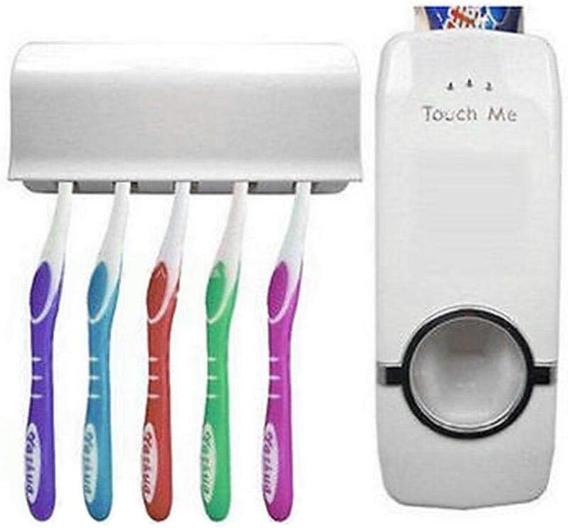 Toothpaste Dispenser with 5 Toothbrush Holder Set, White