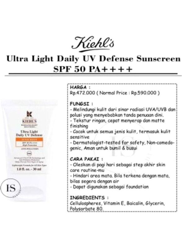 Kiehl'S Ultra Light Daily UV Defense Spf50, 30ml