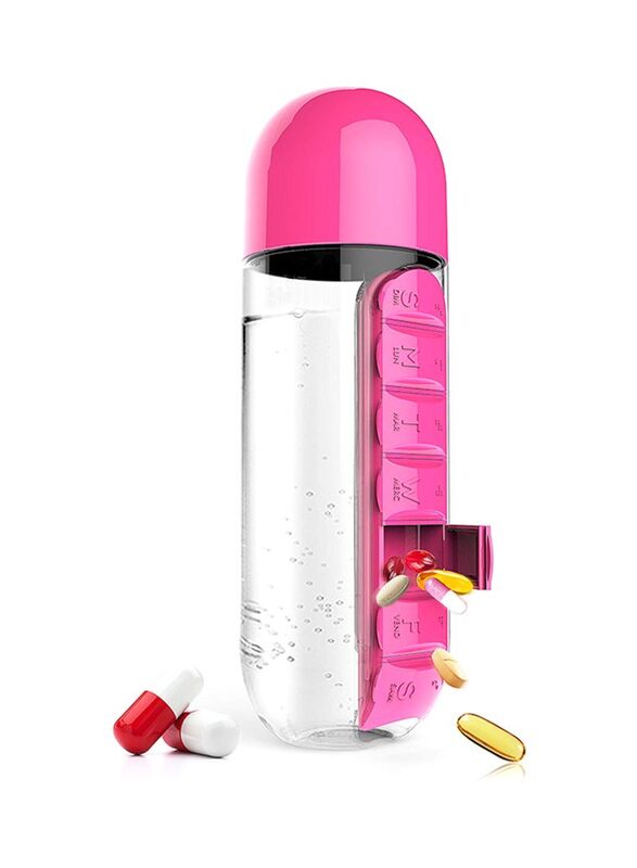 Goldedge 15cm Water Bottle with Built-In Daily Pill Box Organizer, Pink