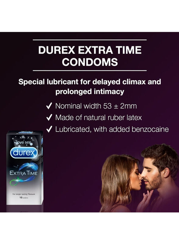 Durex Extra Time Condom, Black, 10 Pieces