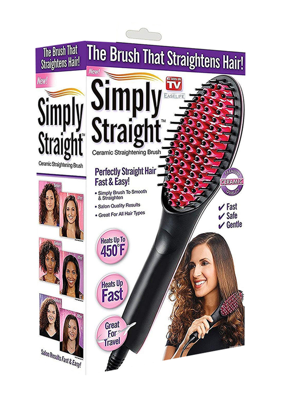 Simply Straight Ceramic Hair Straightening Brush, Black/Pink