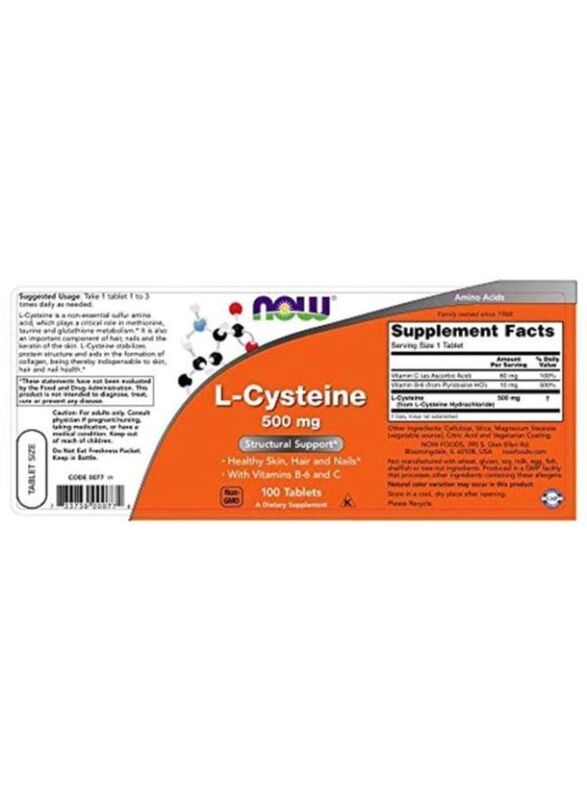 Now Foods L-Cysteine Structural Support Dietary Supplement, 100 Tablets