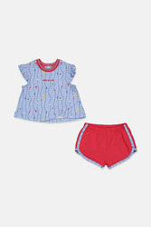 TUTTO PICCOLO Toddler Girls 2 Pcs Graphic Top And Short Set, Blue and Red