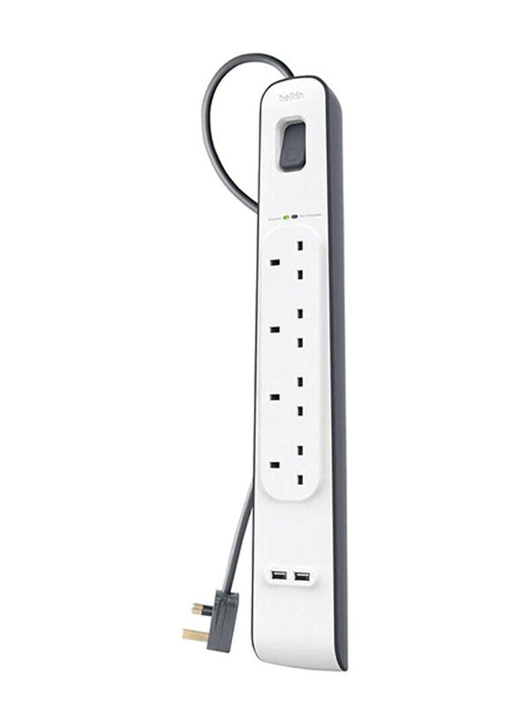 

Belkin 4-Outlet Surge Protector Strip, with 2.4A 2 USB Port, White/Grey