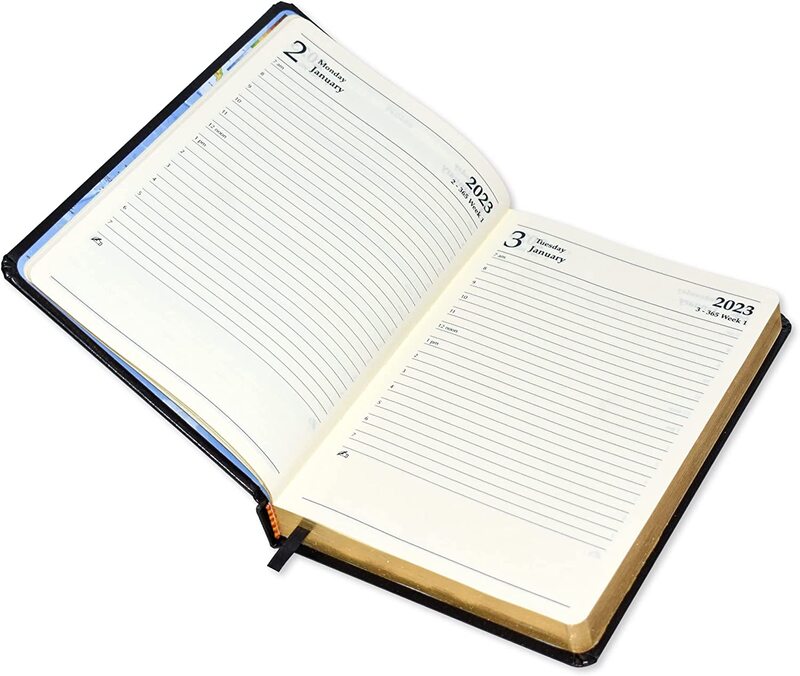 FIS 2023 English Diary with Golden Bonded Leather, 384 Sheets, 70 GSM, A5 Size, FSDI26EGB23BK, Black