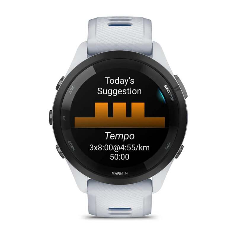 Garmin Forerunner 265 GPS Running Smartwatch Black Bezel with Whitestone Case and Whitestone/Tidal Blue Silicone Band 010-02810-11