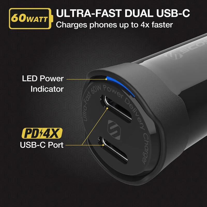 Scosche POWERVOLT PD60 Dual Port USB C Power Delivery (60W) Car Charger Black, CPDCC60-SP