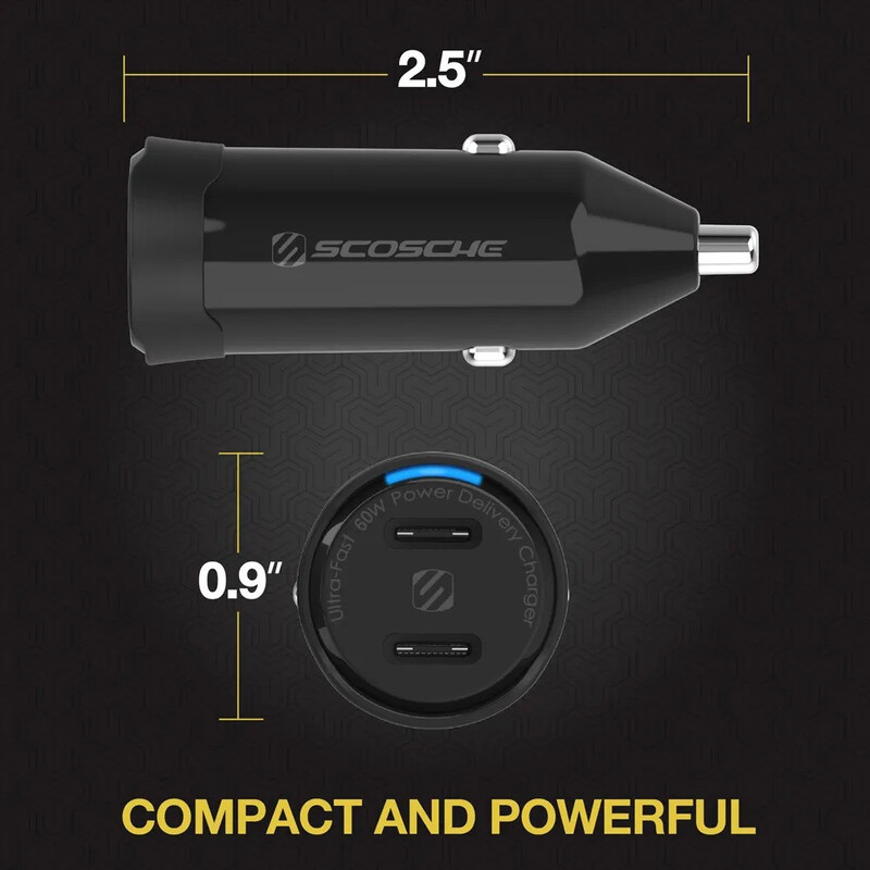 Scosche POWERVOLT PD60 Dual Port USB C Power Delivery (60W) Car Charger Black, CPDCC60-SP