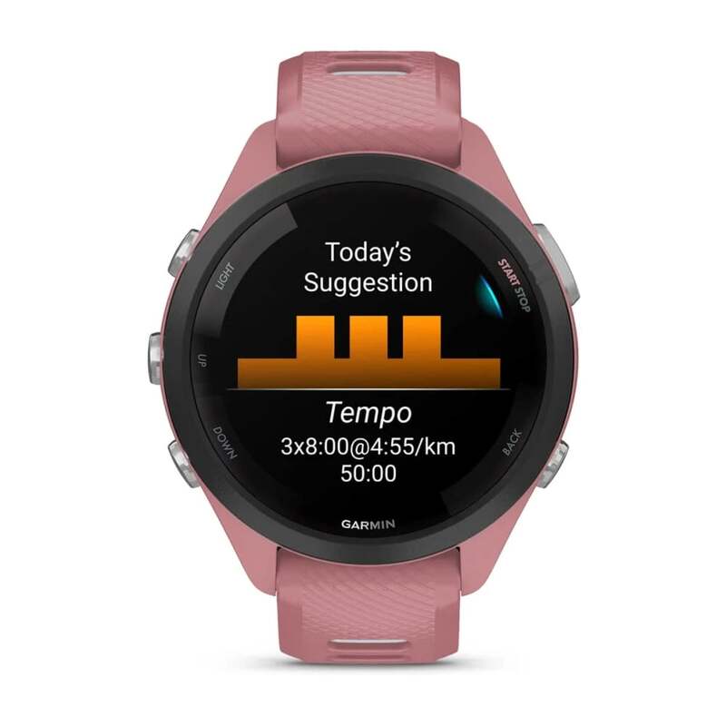 Garmin Forerunner 265S GPS Running Smartwatch Black Bezel with Light Pink Case and Light Pink/Powder Grey Silicone Band 010-02810-15