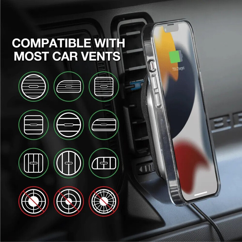 Scosche MAGICMOUNT PRO CHARGE5 Magnetic Wireless Charging Mount for Vent/Dash (Mag Safe Compatiable) Silver/Black, MPQ5DV-XTSP