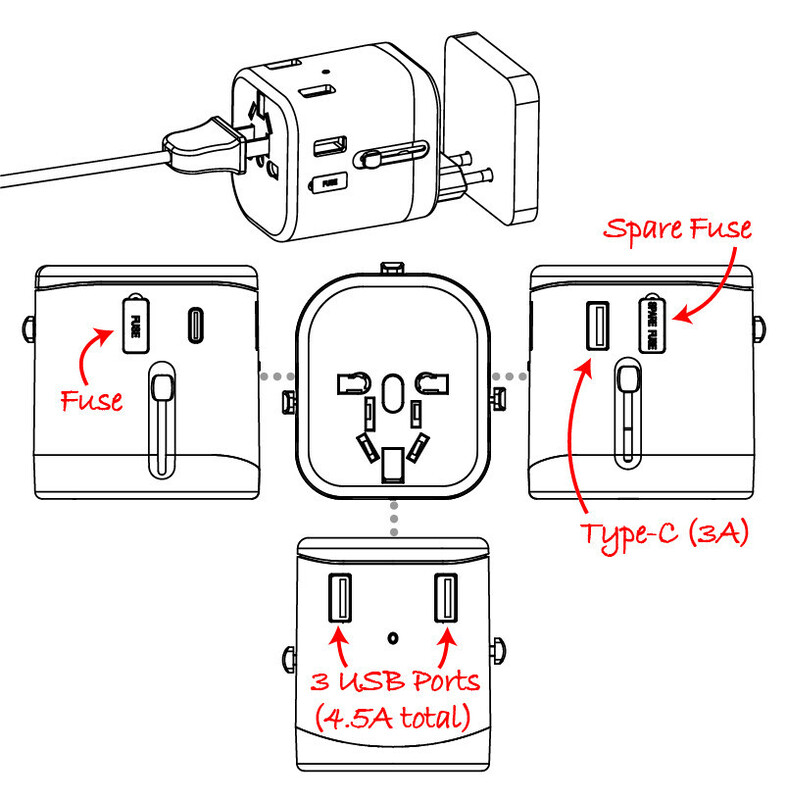 Travelmall SW11003BK 4.5A 4 USB (3xUSB A + 1xUSB C) Worldwide Travel Adaptor Black