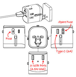 Travelmall SW11003BK 4.5A 4 USB (3xUSB A + 1xUSB C) Worldwide Travel Adaptor Black