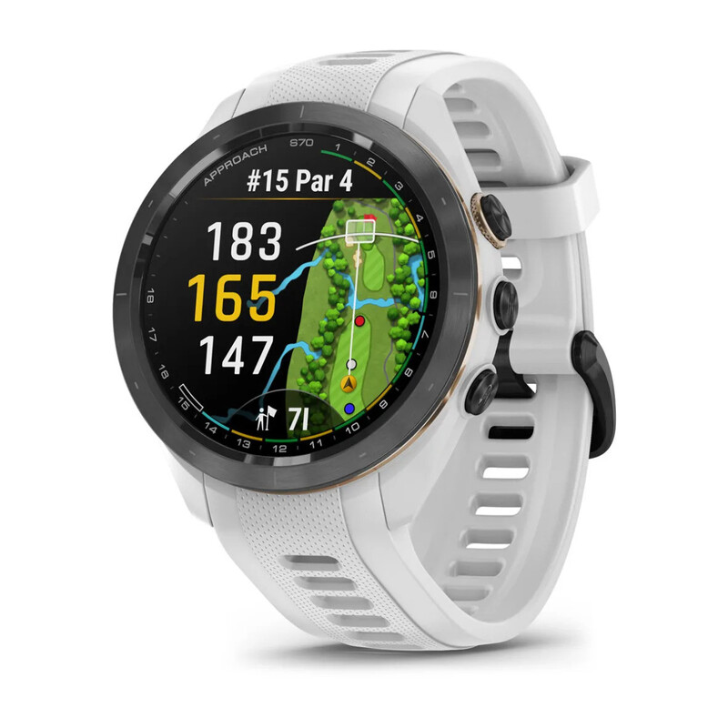 Garmin Approach S70 Premium GPS Golf Smartwatch, Black Ceramic Bezel With White Band, 42mm, 010-02746-10