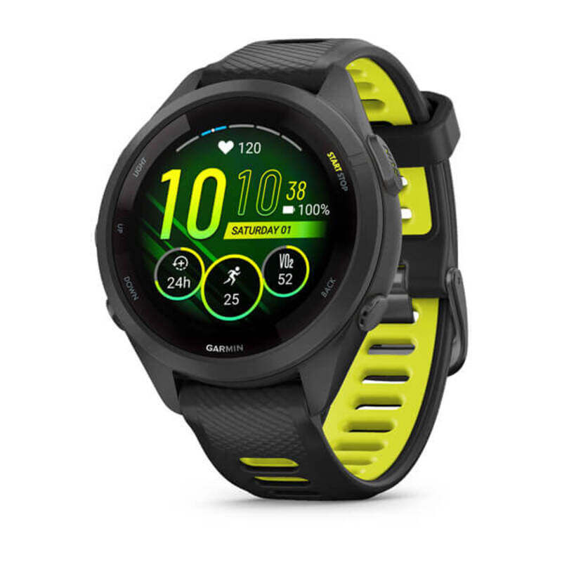 

Garmin Forerunner 265S GPS Running Smartwatch Black Bezel and Case with Black/Amp Yellow Silicone Band 010-02810-13