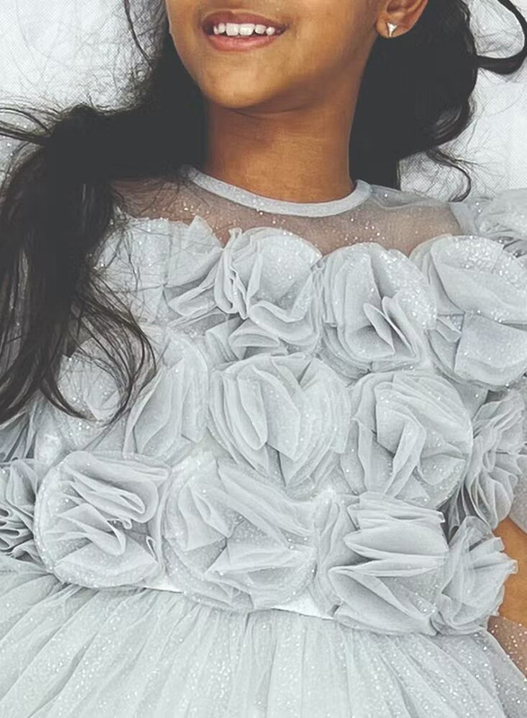 Twinkle Kids Mesh 3D Flower Dress for Girls, 6 Years, Grey