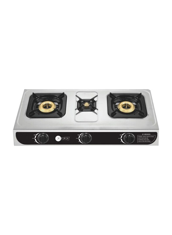 

AFRA Three Burner Gas Stove with Auto Ignition, Stainless Steel and Double Injection, AF-0003GSSS, Silver