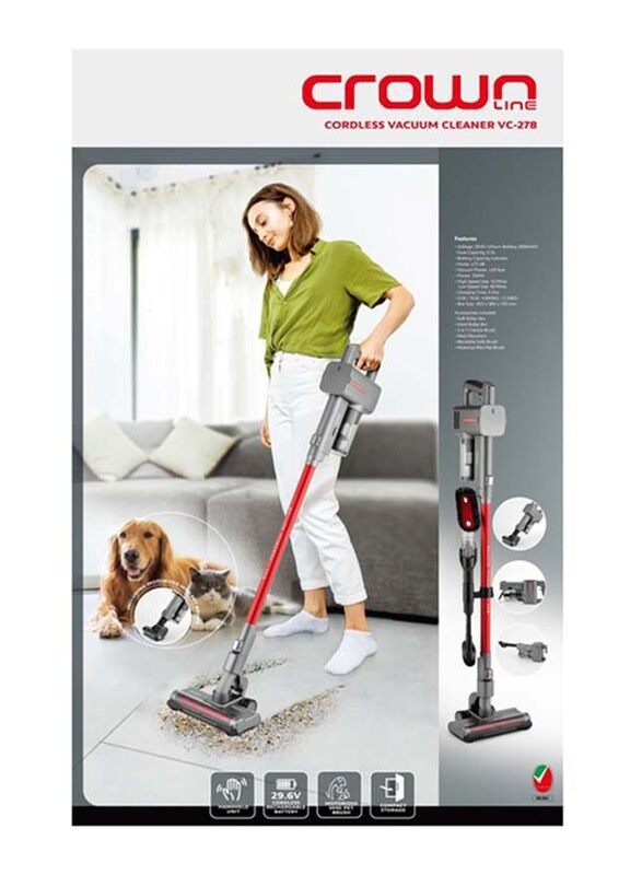 

Crownline Cordless Lithium Battery Stick Vacuum Cleaner, 0.5L, 350W, VC-278 Cordless Stick Vacuum, Red/Grey