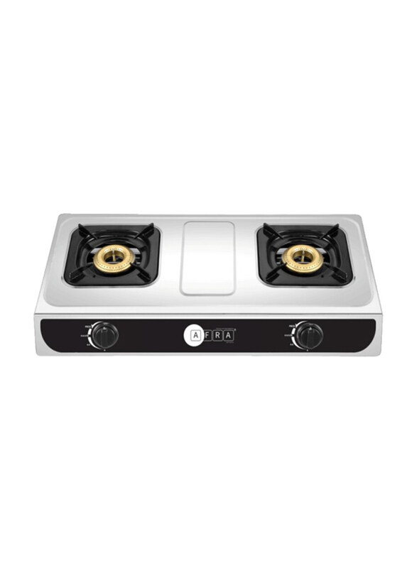 

AFRA Two Burner Gas Stove with Battery Powered Ignition and Double Injection, AF-0002GSSS, Silver