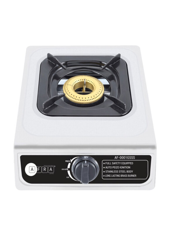 

AFRA Single Burner Gas Stove, with Cast Iron Burner, Enamel Pan Support, Stainless Steel Surface, AF-0001GSSS, Silver