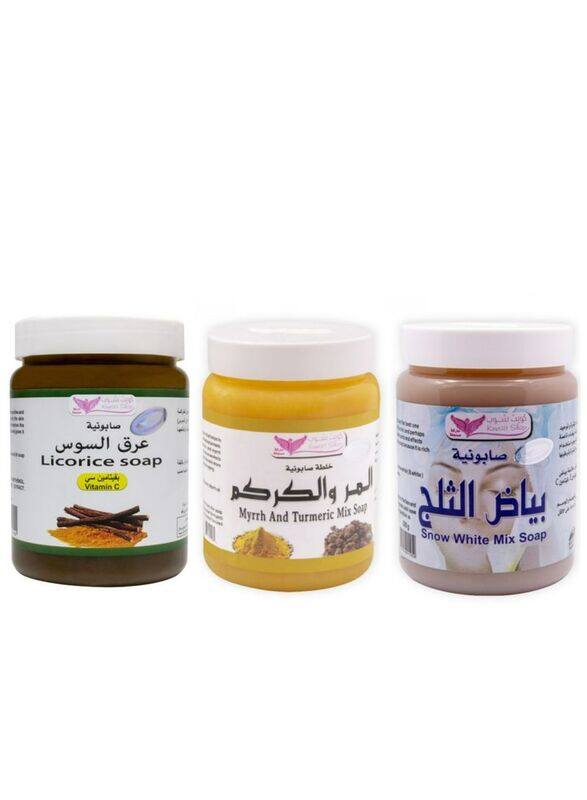 

Kuwait Shop Licorice Soap + Myrrh & Turmeric Mix Soap + Snow White Mix Soap, 3 Pieces x 500ml
