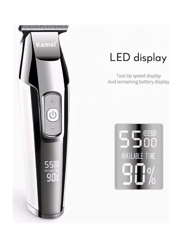 Kemei KM-5027 Rechargeable Electric Hair Clippers with Stainless Steel Blade & LED Display, Silver/White