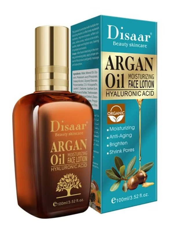 Disaar Argan Oil Moisturizing Face Lotion Hyaluronic Acid Anti-Aging Shrink Pores, 100ml