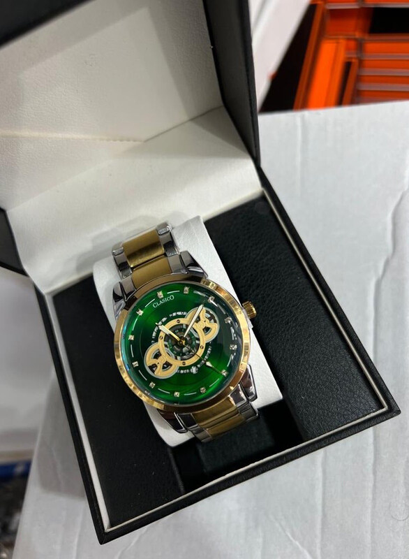 

Clasico Analog Watch for Men with Stainless Steel Band, Silver/Gold-Green/Gold