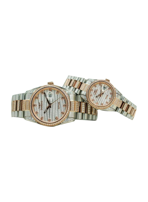 

Domino Analog Watch Unisex with Stainless Steel Band, White-Gold/Silver