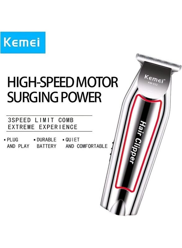 Kemei KM-032 Professional Rechargeable Hair Clipper Trimmer, Silver