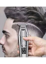 Kemei KM-5027 Rechargeable Electric Hair Clippers with Stainless Steel Blade & LED Display, Silver/White